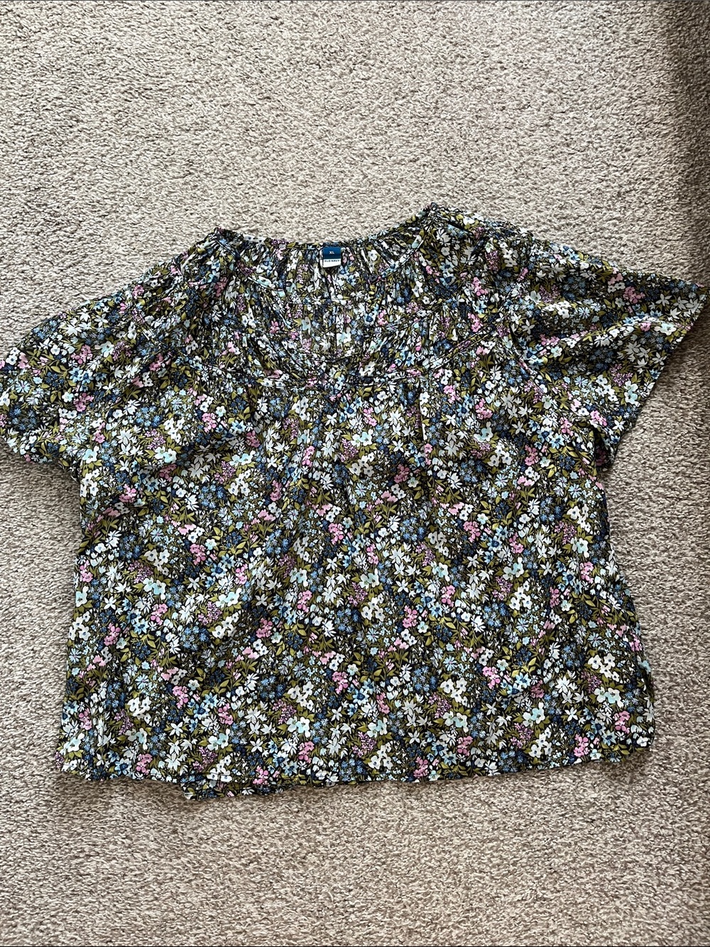 Old Navy V-Neck Floral Short Sleeve Peasant Top - Olive Multi
